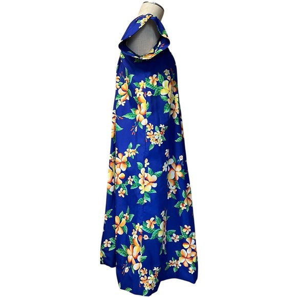 Vintage 12 Made In Hawaii Vibrant Blue Floral Hibiscus Maxi Dress Resortwear - Picture 5 of 8